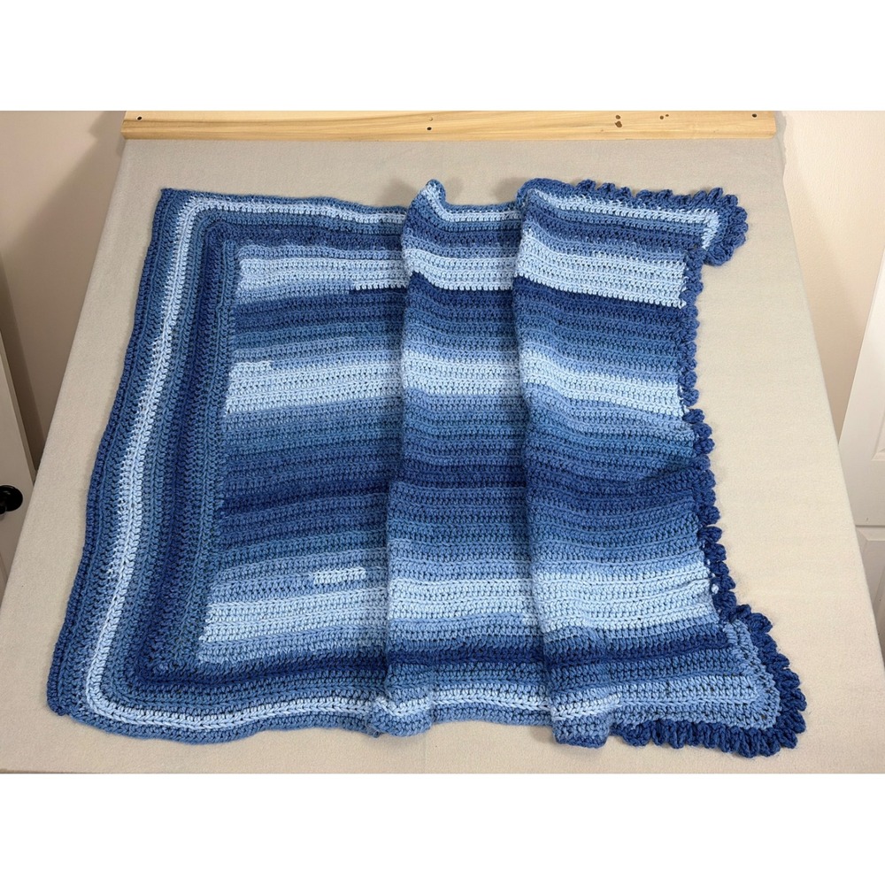 Handmade Crochet‎ Blue Ombre Striped Throw Blanket Scalloped Edge Afghan 48x33